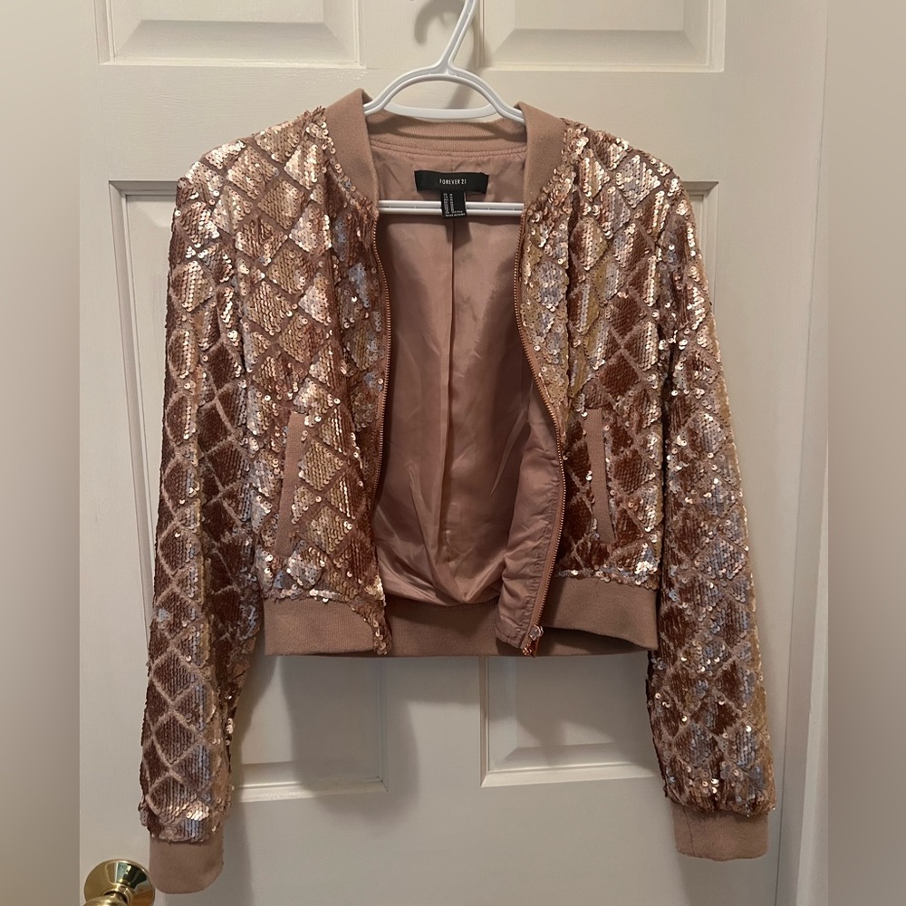 Rose gold sequin bomber jacket